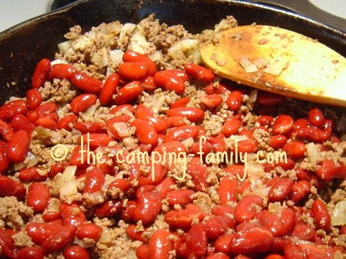 ground beef, onions and kidney beans for Taco Salad